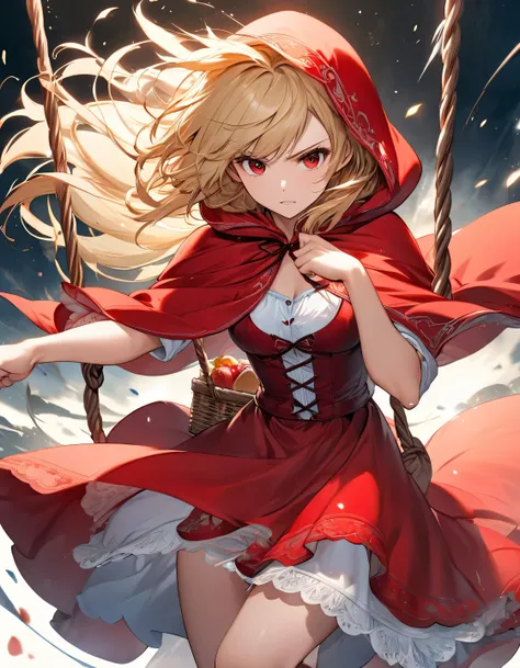 little red riding hood in fairy tale，red eyes，blond hair，wearing a red short cloak，the cape covered her head，the cloak fluttered...