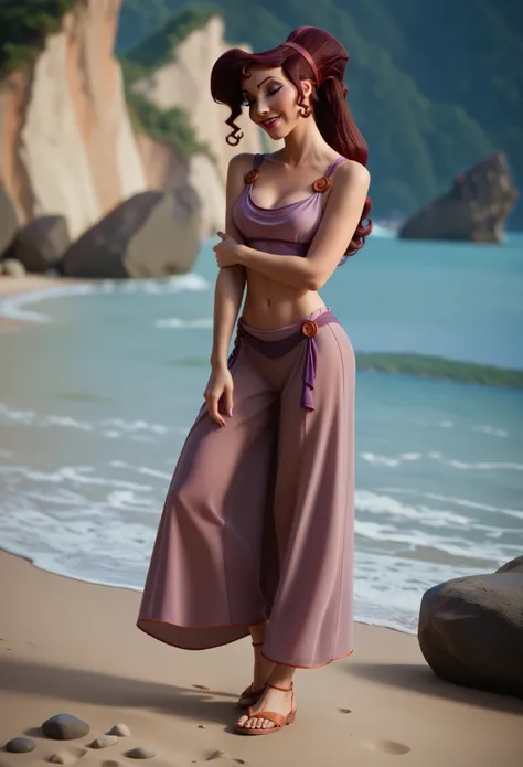 NSFW, Megara, full body, sexy, flirting, beside a white bull, on a deserted rocky beach