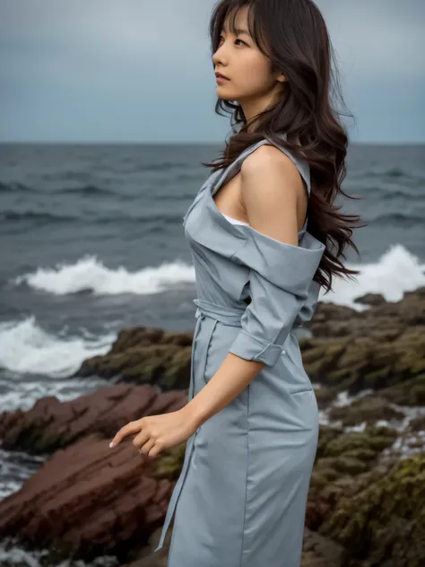 ((highest quality)),((masterpiece)),((Very beautiful)), Dramatic light and shadow, One girl, Japanese woman, 30 years old, slender body, wavy long hair, hair messy, Realistic skin texture, strong breeze, Rain, Rocky Shore, rough sea, Feminine pose