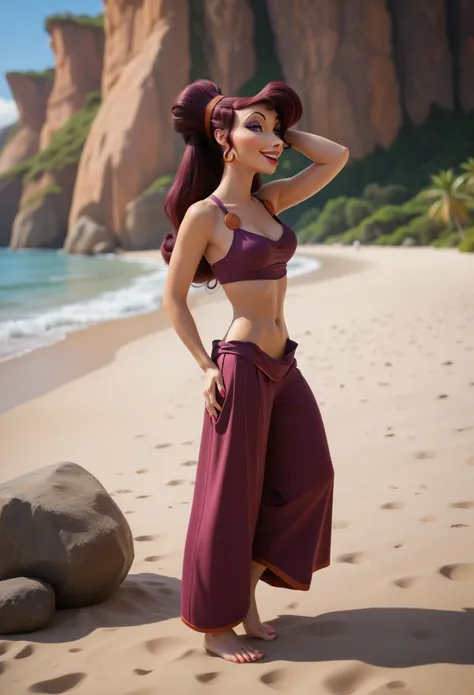 NSFW, Megara, full body, sexy, flirting, beside a (furry white bull) on a deserted rocky beach