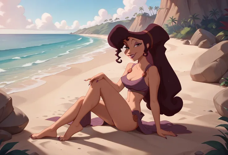 NSFW, Megara, full body, sexy, flirting, beside a (furry white bull) on a deserted rocky beach