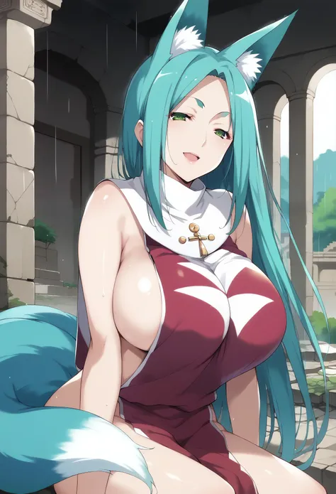 masterpiece, score_9, score_8_up, score_7_up, source_anime, best quality, extremely detailed, 1girl, milf, solo, monster girl, (kitsune:1.3), YotsugiOnonoki, (large breasts:1.9), ((((aqua hair), very long hair, parted bangs, green eyes, half-closed eyes, f...