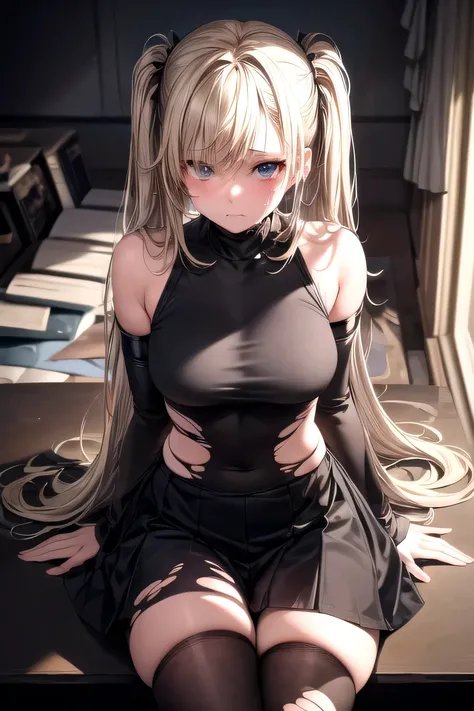 (masterpiece, Highest quality), One girl, alone,Sitting at a desk, Beautiful Face, Blonde, Torn clothes, Torn legwear, Dark uniform, Black knee socks, Moldy room, Scared,Are crying, Frightened face, Bevel the details, Arms tied behind the head, Dark atmosp...