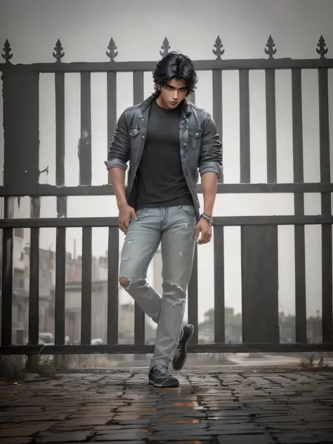 A young guy in a black shirt and jeans is standing on a brick walkway, casual photography, jayison devadas style, modeling shoot, casual pose, modeling photography, stylish pose, with a cool pose, standing in road, cool pose, very cool pose, cinematic outf...