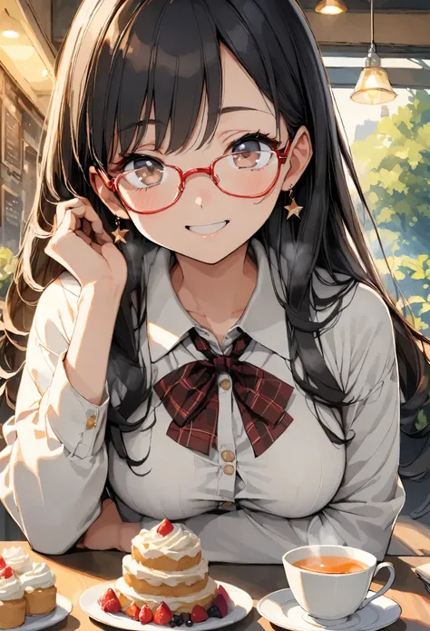 A girl is enjoying tea in a coffee shop. There is a teapot, cakes, cookies, etc. on the table. She is feeling at peace.

1girl, 17yo, brown eyes are shining and cute, black hair, long hair, extremely detailed neat hair, tareme, ((red-rimless eyewear:1.2)),...