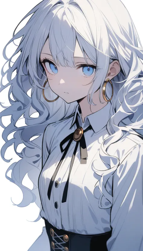 {{masterpiece}}, The best quality of life, Ultra-high resolution, Highest quality, 4K, 8k,Attention to detail,((White long hair、Wavy Hair Styles)) One Woman、Small breasts、((Perfect light blue eyes))(White blouse、Grey suit jacket、Bolo tie）Corset belt、crimin...