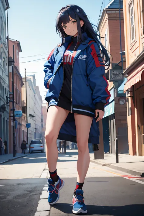 Masterpiece, best quality, 1girl, Russian ethnicity, brown eyes, Russian spy, blue, hair, long hair, blue hair, solo, jacket wear, sporting Nike shoes, open clothing, smile, closed mouth, flowing hair, flowing down more one side