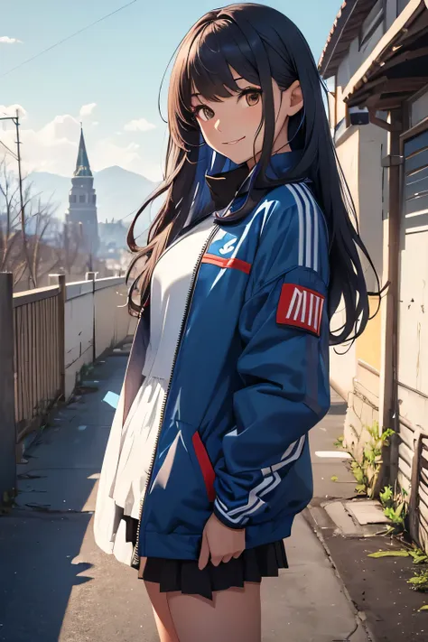 Masterpiece, best quality, 1girl, Russian ethnicity, brown eyes, Russian spy, blue, hair, long hair, blue hair, solo, jacket wear, sporting Nike attire, open clothing, smile, closed mouth, flowing hair, flowing down more one side, detailed image