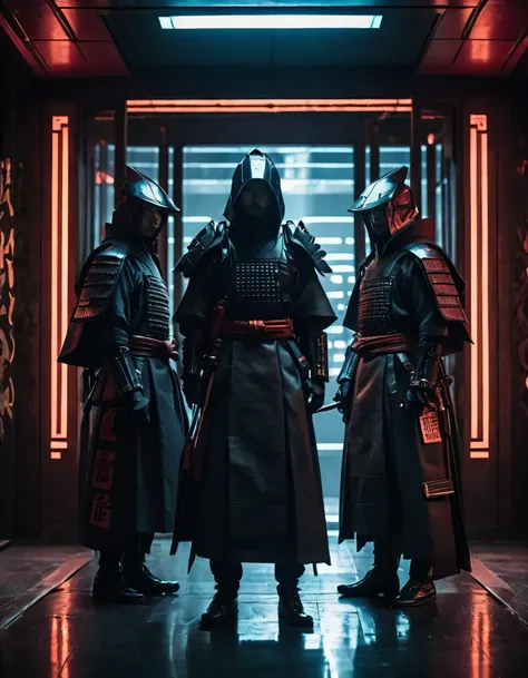 (((Masterpiece))),Best Quality,realistic perspective, High-resolution photograph,realistic details,sharp focus Two Chinese guards, dressed as futuristic samurai assassins with flowing capes, hood over the head and advanced weaponry, stand guard at a secret...