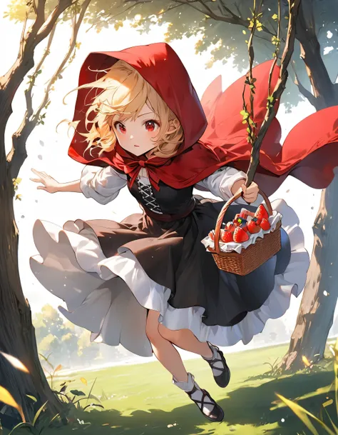 little red riding hood in fairy tale，Red eyes，blond hair，Wearing a red short cloak，The cape covered her head，The cloak fluttered greatly in the wind。Carrying a picnic basket in the left hand，Swing your right hand forward forcefully，Handsome fighting postur...