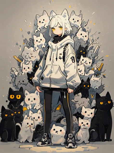 artistic, neutral expression, short black straight hair with bangs, oversized black hoodie, yellow striped stockings, black sneakers, no visible accessories, relaxed pose, standing, looking down, smooth fair skin, indoor setting, surrounded by cartoon cats...