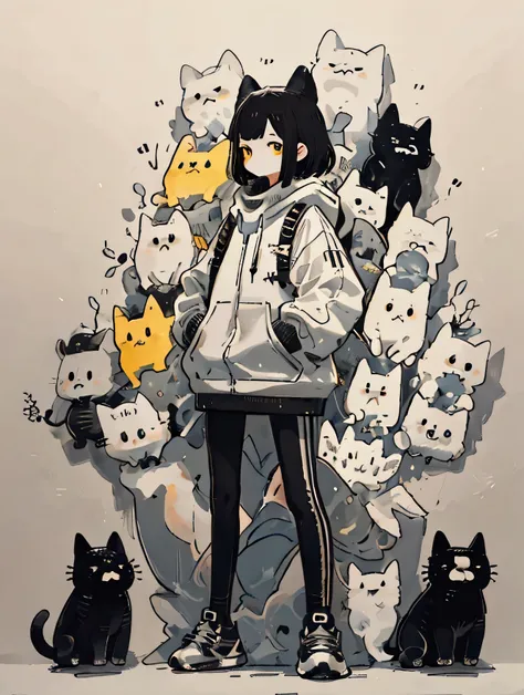 artistic, neutral expression, short black straight hair with bangs, oversized black hoodie, yellow striped stockings, black sneakers, no visible accessories, relaxed pose, standing, looking down, smooth fair skin, indoor setting, surrounded by cartoon cats...