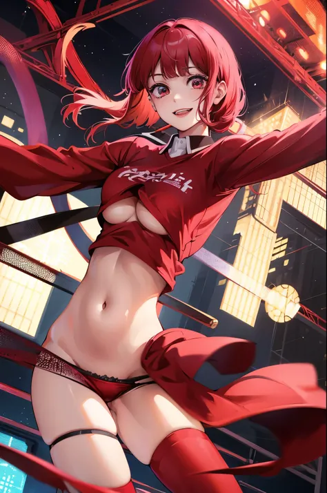 Smiling (Arima Kana), (Red Shirt 1.2), (Underboob 1.4), stripped dark red thigh highs, representing ass, on stage