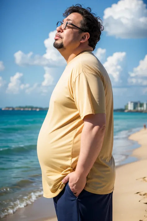 ((best quality)), (detailed), 1 middle-aged male，Sad expression，Glasses，Ugly，Japanese，Natural curls，Quite obese，Tight short-sleeved shirt，Shorts，Looking up at the sky，Sandy Beach，Back view，