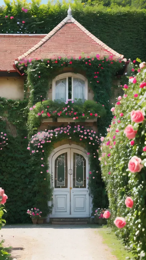 a charming house surrounded by many roses, with vines covering the roof and walls, roses in bloom