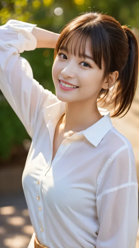 masterpiece, best quality, ultra high res, ultra detailed, sharp focus, 1girl, solo, a stunning pretty and beautiful Japanese sexy model, 19yo, looking at viewer:1.3, (bright smile:0.6), wearing a (blouse), dusk, sunset, night, realistic, Slender, (standin...