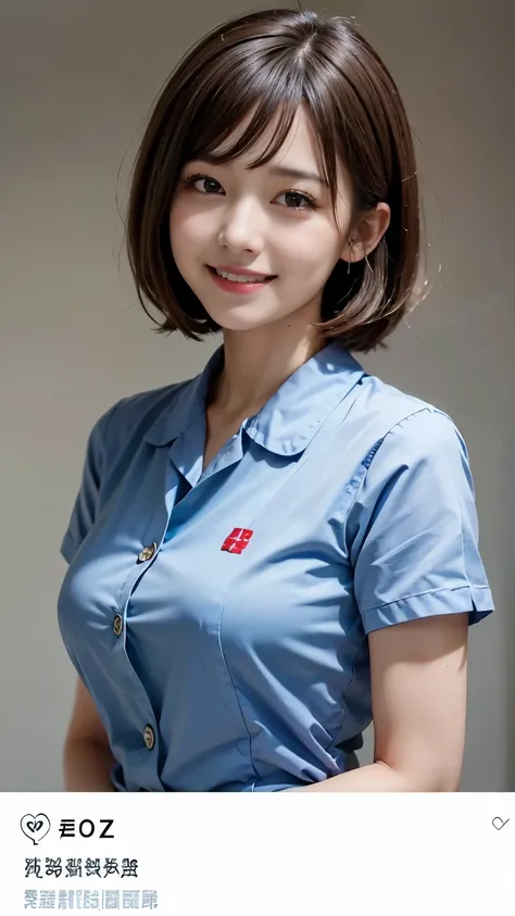 ((Highest quality、masterpiece、High resolution))、(((Zoom photo of upper body)))、(A shy smile:1.2)、One person female、Beautiful Skin、Beautiful Eyes、Large Breasts、Nurse uniform、Brown Hair、Shorn bangs、Short Bob