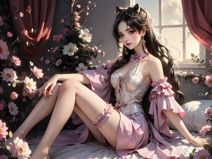 Condemnation Queens Dress, (High quality details), 1 Girl, solo, Young women, Elegant Posture, ((night, moonlight)), (Female figure，Lying down，Lying in bed，One leg bent，One leg straight，Relaxed expression), (Focus on natural body posture and correct anatom...