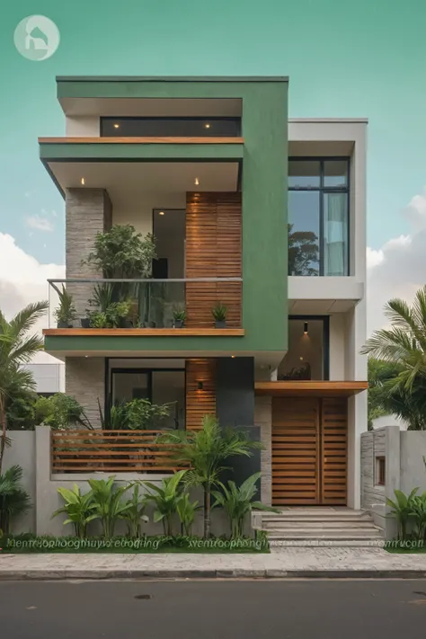The front of a modern minimalist house in the city center, ((with green walls:1.2)), and wooden accents, wood details, stone cladding details, large windows, double height entry gate, is surrounded by other houses, concrete wall behind, lush tropical plant...