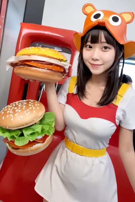 a high-quality, hyper-realistic illustration of a young japanese woman dressed in a creative costume inspired by a hamburger. th...