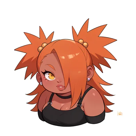 score_9, score_8_up, score_7_up, score_6_up, score_5_up, score_4_up, source_anime, rating_safe, BREAK chouchou akimichi,1girl,dark-skinned female,curvy,fat,orange hair,hair over one eye,two side up,long hair,yellow eyes,hair bobbles,jewelry,earrings,black ...