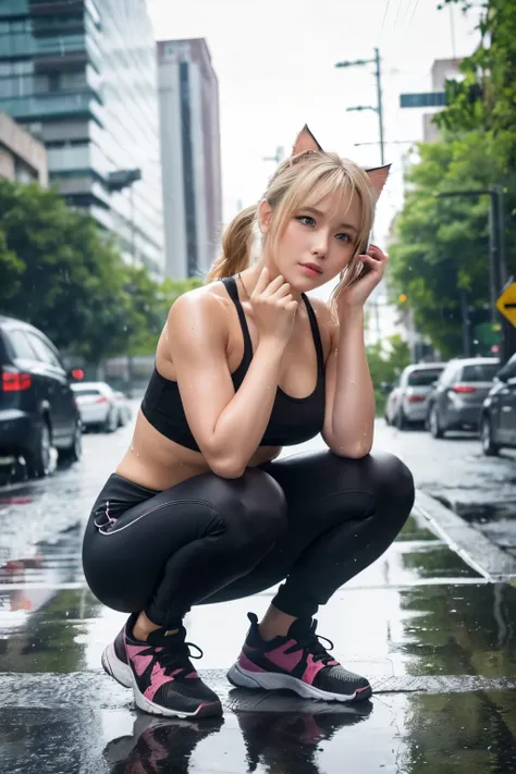 A beautiful girl is squatting on the street, High resolution, ponytail, chest, blush, blonde, Cat ear, Blurred, earphone, Wet gym clothes, (Full Body Shot:1.2), (From below:1.3), Wet day,