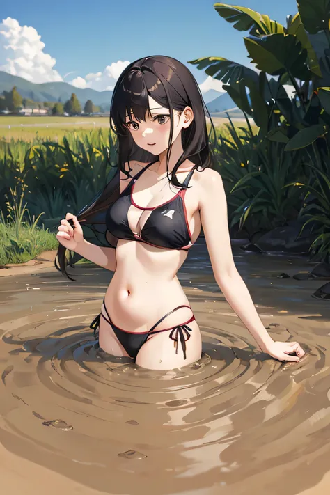 A woman in a swimsuit showing her belly button、The lower half of the body sinks into quicksand