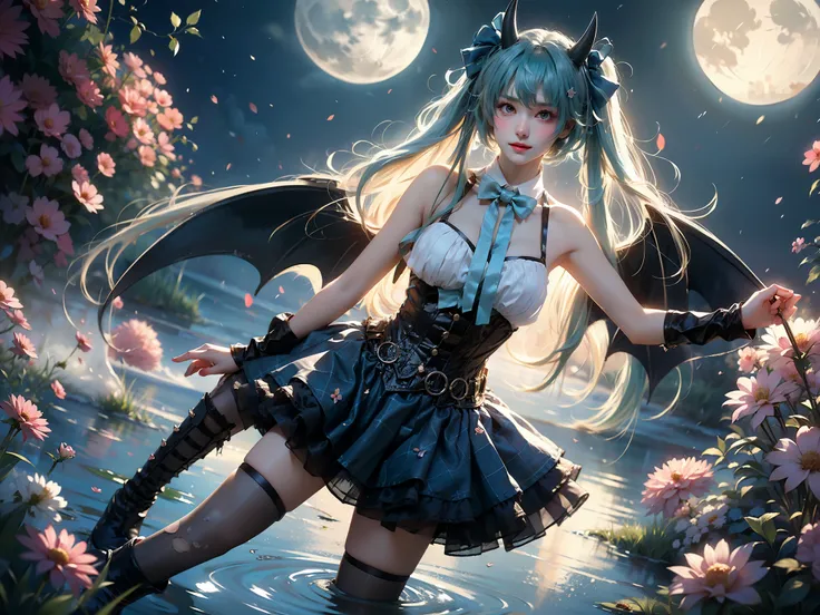 hatsune miku cosplay costume, hatsune miku, cosplay, aqua hair, very long hair, twintails, shirt, corset, skirt, plaid skirt, detached collar, detached sleeves, arm warmers, bowtie, bow, horns, demon horns, demon wings, demon tail, ribbon, o-ring, chain, t...