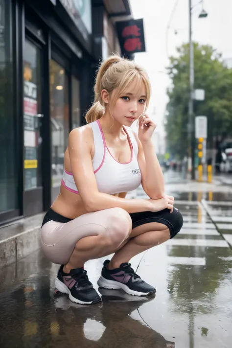 A beautiful girl is squatting on the street, High resolution, ponytail, chest, blush, blonde, Cat ear, Blurred, earphone, Wet gym clothes, (Full Body Shot:1.2), (From below:1.3), Wet day,