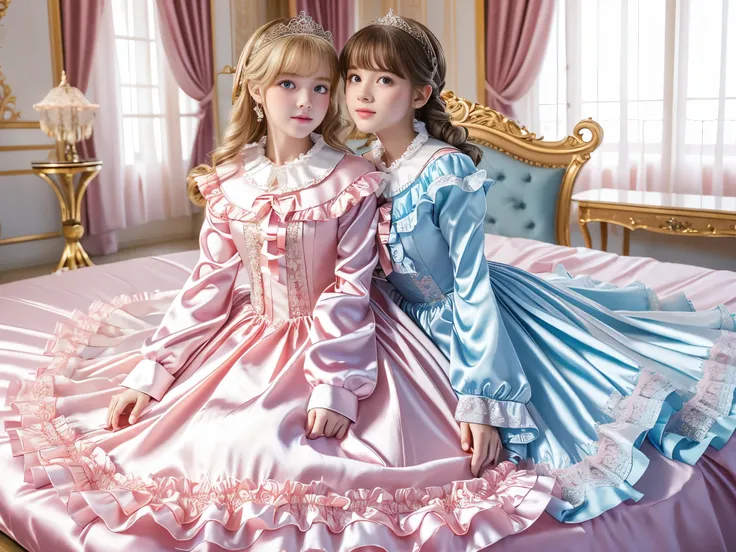 ,highest quality, masterpiece, highest resolution, artwork, super それにget used to it, many get used to it, get used to it, それにget used to it, 3K realistic photos,,(( little girls)),Super detailed baby face,they are both princesses,Full length ball gown dres...