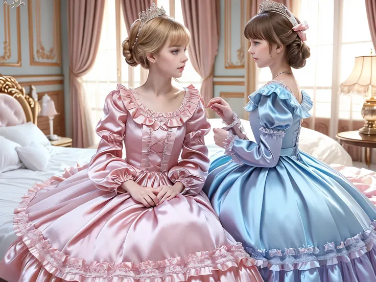 ,highest quality, masterpiece, highest resolution, artwork, super それにget used to it, many get used to it, get used to it, それにget used to it, 3K realistic photos,,(( little girls)),Super detailed baby face,they are both princesses,Full length ball gown dres...