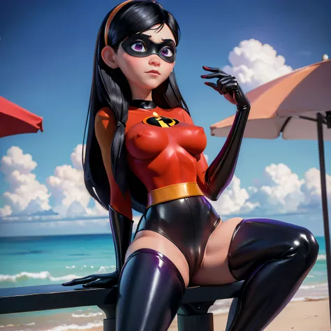 (masterpiece), best quality, expressive eyes, perfect face,solo,1girl, ((Violet Parr open thighs)),((manspread)),black hair, long hair,purple eyes, hairband,(red latex incredibles outfit),black thighhighs,tight,((puffy nipples)),((camel toue)),black domino...