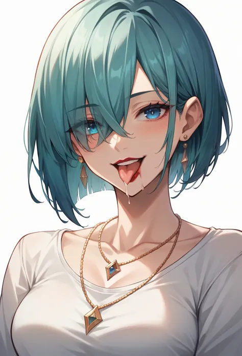 (masterpiece, best quality, high quality, highres, ultra-detailed), 1girl, bangs, bob cut, (bangs between eyes, hair cover one eye), blue eyes, (aqua hair), necklace, earrings, blue eyes, mature female, looking at viewer, mommy like body build, older femal...