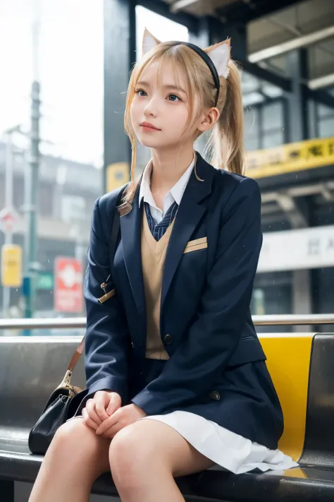 Masterpiece, A beautiful girl is sitting in train station, High resolution, ponytail, chest, blush, blonde, Cat ear, Blurred, earphone, Wet School uniform, (From below:1.3), Wet day,