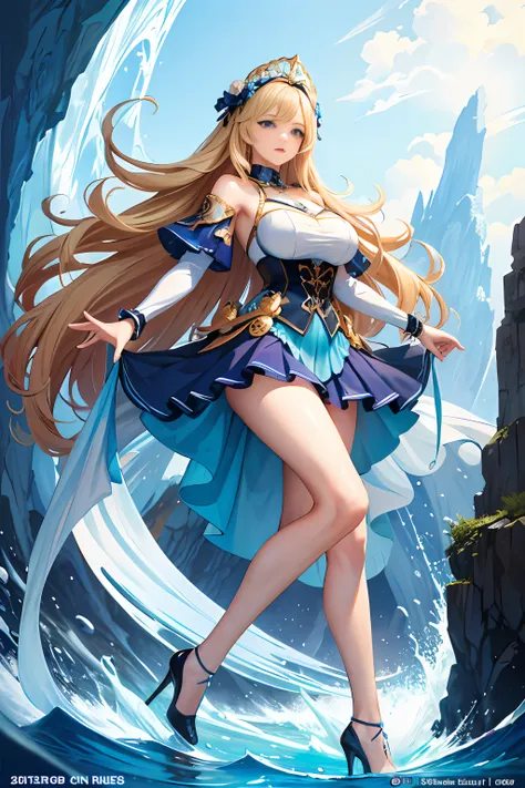 (Masterpiece, Top Quality, Best Quality, Official Art, Beauty and Aesthetics: 1.2), (2girl: 1.3), (Fractal Art: 1.3), Big Breasts, Big Waves with Long Blonde Hair, Blue Eyes, Hip Wrapped Skirt, Full Body, Slender Legs, High Heels. Ice blue cave