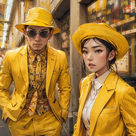 Imagine an MBTI entertainer、A man and woman in yellow suits glaring coolly at the camera with serious faces。Give it a stylish look。