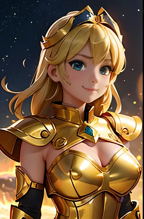 Highest quality, 8k, Very detailed, High resolution, Realistic skin texture, armor, (Realistically: 1.4), High resolution,Ultra HD、Ultra Clear、White, beautiful and clear skin、Beautiful and well-proportioned face、Cute Smile、Leo the Holy Warrior、全身を金色のarmorで...