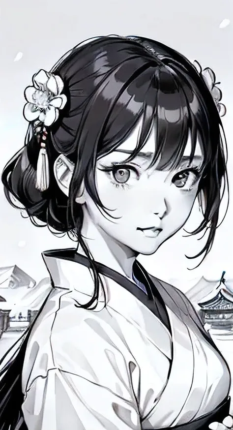 {8K images}, 1.Beautiful Chinese woman, 2, Wearing Hanfu, Look at the audience with a neutral expression, Snow in the background, {Face portrait}, Facing the camera, Front view, Look directly into the camera, {Center image}, Comic art style, Detailed line ...