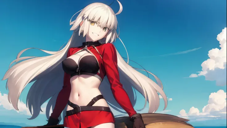 masterpiece, best quality, 1girl, , silver hair, ahoge, gold eyes, shaggy_long_hair,, gigantic_breasts, , blue sky_beach_landscape,covered_groin,covered_nipples,solo,young_teen,,open_legs,,crotch_armor,cowboy_shot,crotch, asymmetrical legwear, long hair, b...