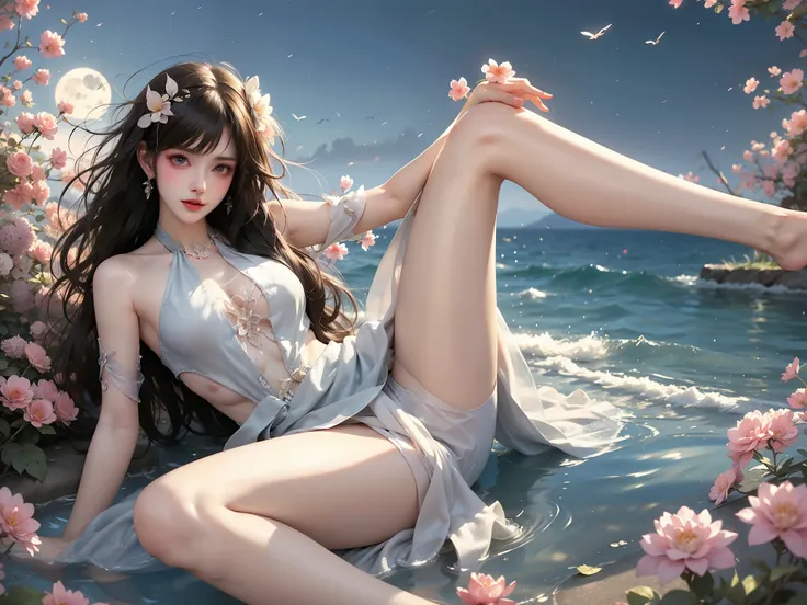 guqinghan, (High quality details), 1 Girl, solo, Young women, Elegant Posture, ((night, moonlight)), (Female figure，Lie flat in the water，Relaxed expression), (Focus on natural body posture and correct anatomy:1.3), (Perfect leg proportions:1.3)，(True and ...