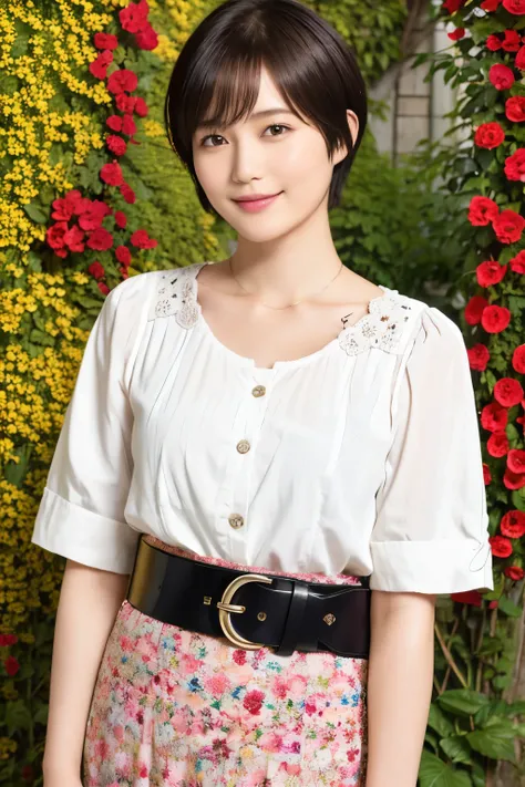 285 (20-year-old woman,short hair) , (A kind smile) , (Colorful flowers) , (belt), (fractal)