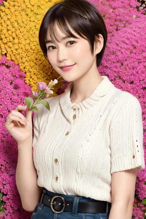 285 (20-year-old woman,short hair) , (A kind smile) , (Colorful flowers) , (belt), (fractal)