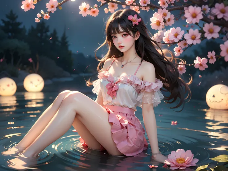 (high quality details), 1 girl, solo, young women, elegant posture, ((night, moonlight)), (female figure，lie flat in the water，r...