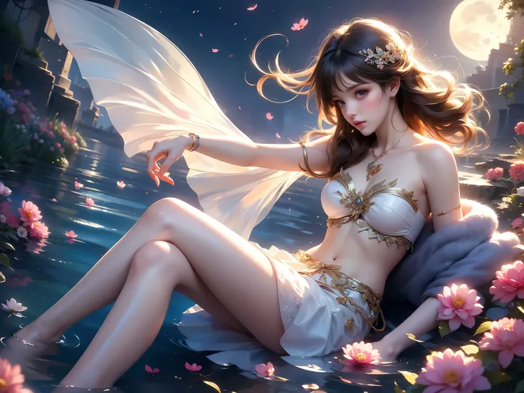 qingya (High quality details), 1 Girl, solo, Young women, Elegant Posture, ((night, moonlight)), (Female figure，Lie flat in the water，Relaxed expression), (Focus on natural body posture and correct anatomy:1.3), (Perfect leg proportions:1.3)，(True and accu...