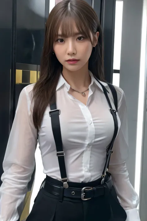 a woman in a suit, belt, hands behind back, sweating, suspenders, black pants, sexly, large breasts, see-through clothing, rain, detective, office worker, white button-up shirt, (best quality,4K,8k,highres,masterpiece:1.2),ultra-detailed,(realistic,photore...