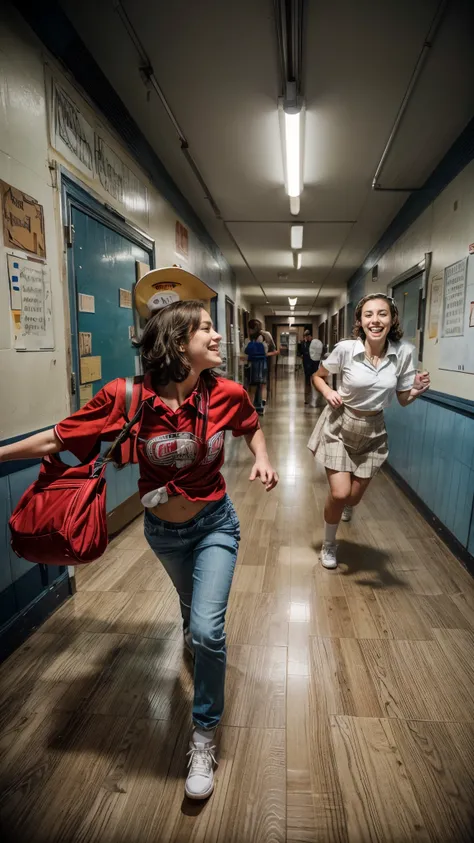 A teenage couple runs down the school hallway, wearing classic school uniforms,40s,classic,retro,smiling,teeth,romanticSmile, Masterpiece, Anatomically Correct, Award Winning, Super Detailed, High Quality, fish eye lens