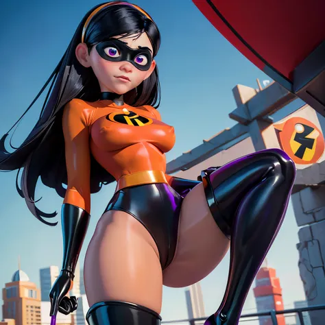 (masterpiece), best quality, expressive eyes, perfect face,solo,1girl, ((Violet Parr open thighs)),((manspread)),black hair, long hair,purple eyes, hairband,((red latex incredibles outfit)),black thighhighs,tight,((puffy nipples)),((camel toue)),black domi...