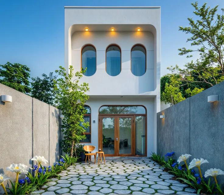 Minimalist architecture, the main materials of the house include white walls, blue concrete effect walls, Realistic images, extremely detailed, a modern house, 1 road in font of house, large yard made by ceramic, (1 car), brick fence, lawn, a few small flo...