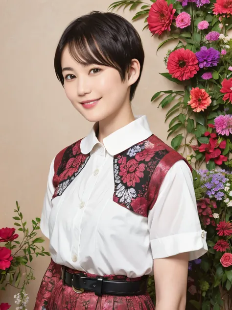 285 (20-year-old woman,short hair) , (A kind smile) , (Colorful flowers) , (belt), (fractal)