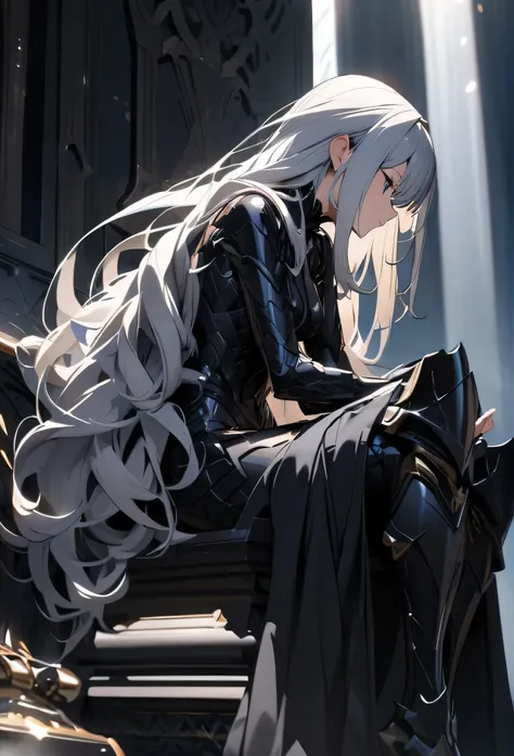 A beautiful girl wearing black full armor,High resolution, masterpiece, High-resolution model, Textured skin, Shiny Hair, Hair blowing in the wind, Long Hair, Facing forward,Is sitting on the throne